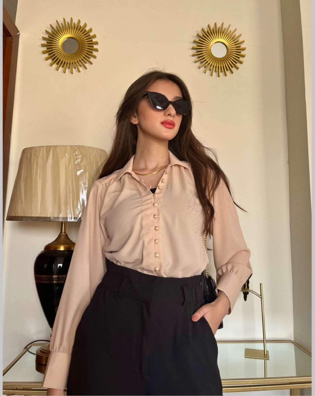 Hot lady beige button down top