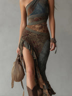 Ariadna | Vestido Largo Asimétrico Estampado con Abertura