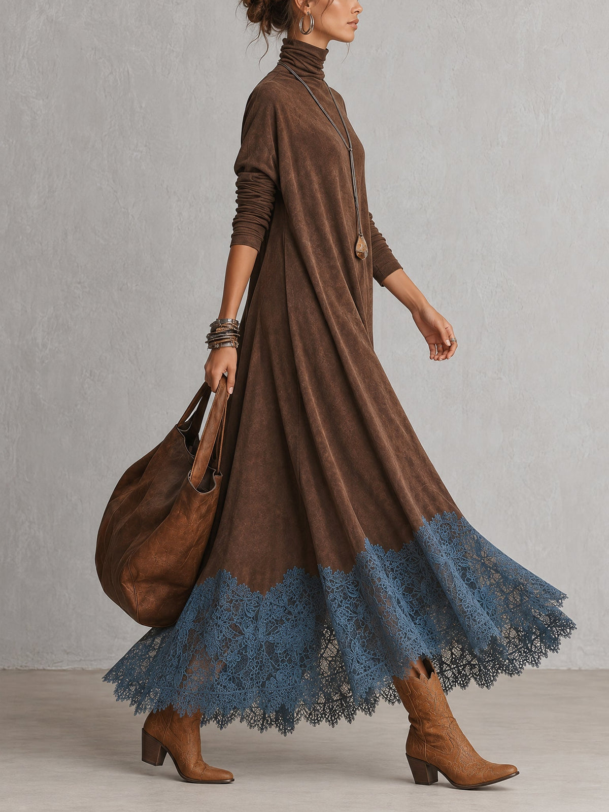 BRUNELLA | Vestido Largo Efecto Gamuza con Dobladillo de Encaje