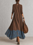 BRUNELLA | Vestido Largo Efecto Gamuza con Dobladillo de Encaje