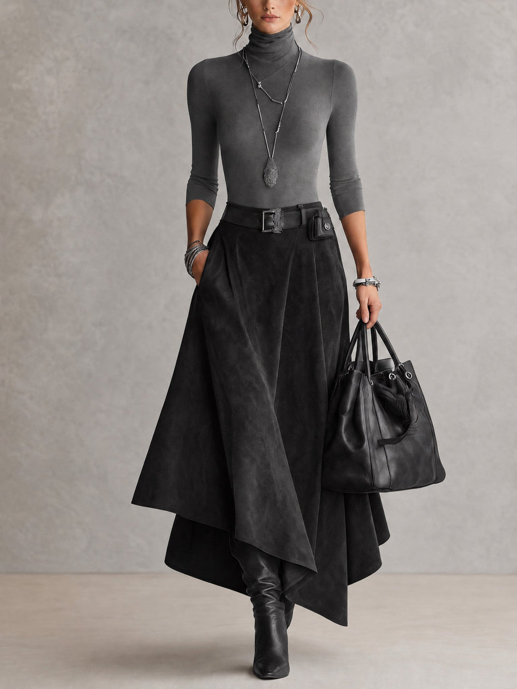 Conjunto Renata de top cuello alto y falda asimétrica de gamuza en color gris
