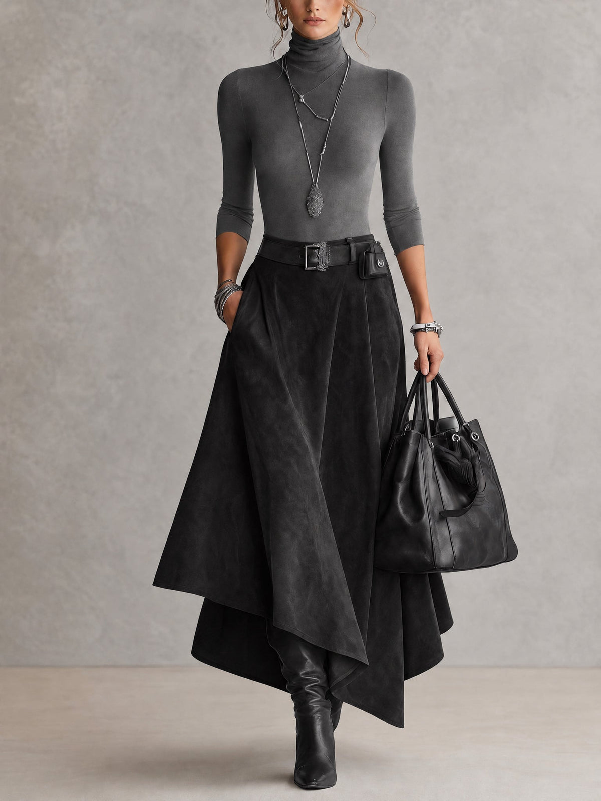 Conjunto Renata de top cuello alto y falda asimétrica de gamuza en color gris