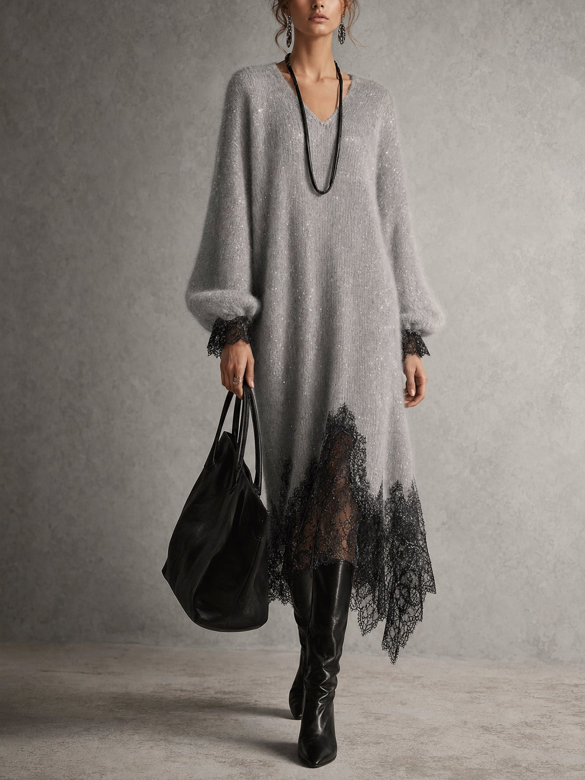 Vestido midi de punto con dobladillo de encaje