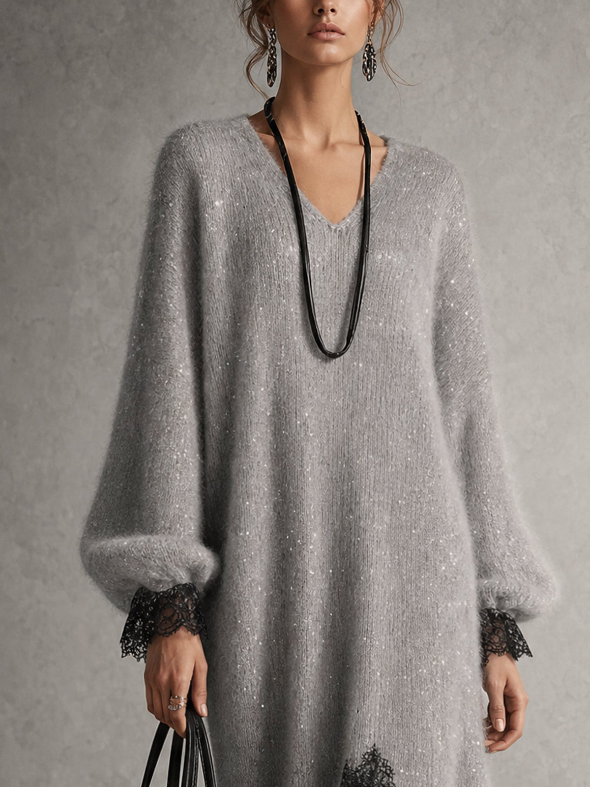 Vestido midi de punto con dobladillo de encaje