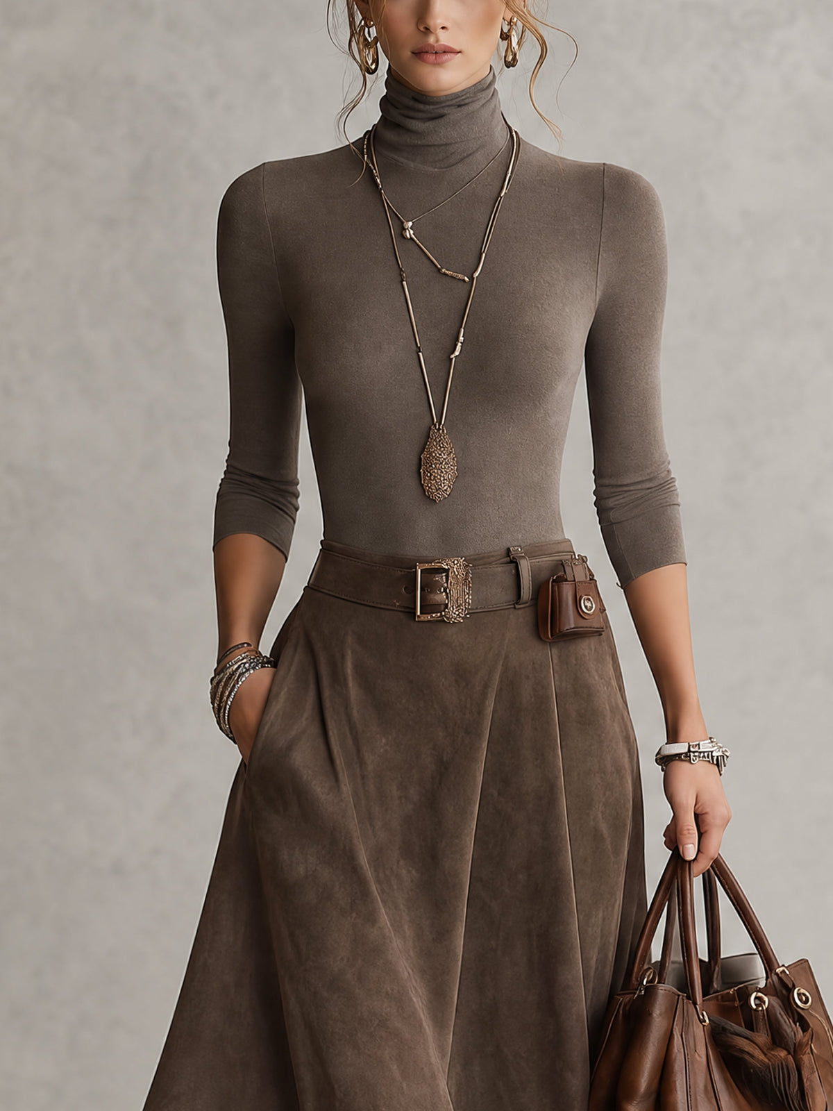 Conjunto Renata de top cuello alto y falda asimétrica de gamuza, vista 4