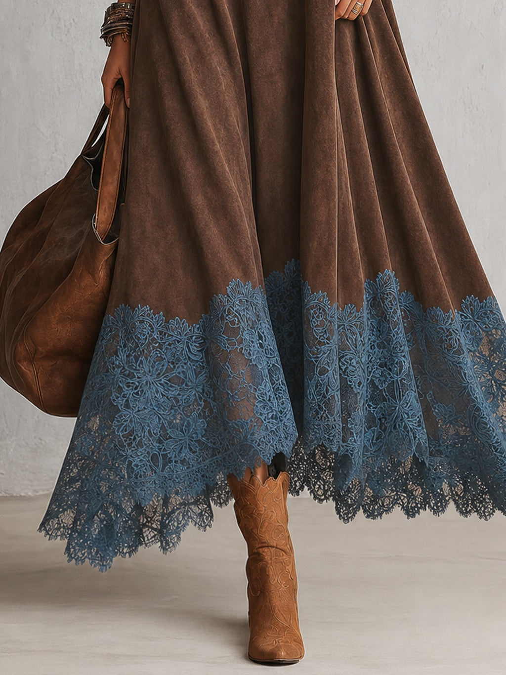 BRUNELLA | Vestido Largo Efecto Gamuza con Dobladillo de Encaje