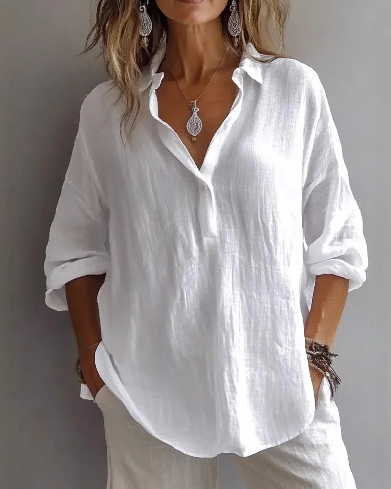 Loose Blouse with V-Neck and Adjustable Sleeves
