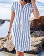 Vestido Camisero A Rayas De Algodón Lino Elegante