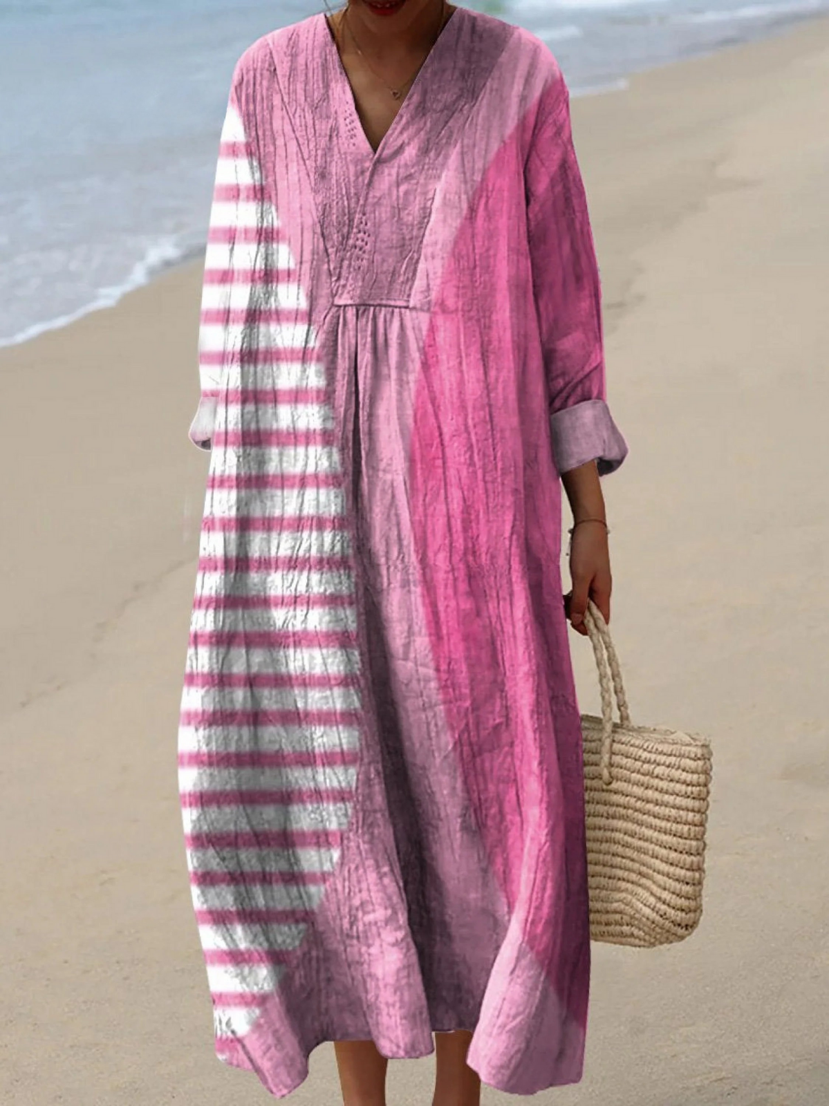 Marisol | Vestido Maxi Boho con Bloques de Color Fucsia