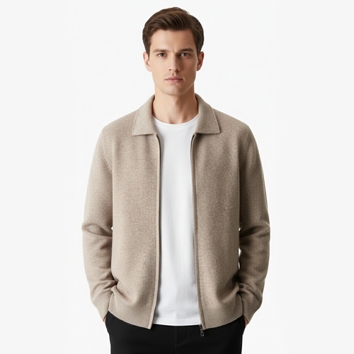 Cardigan zippé col polo en laine mérinos extrafine