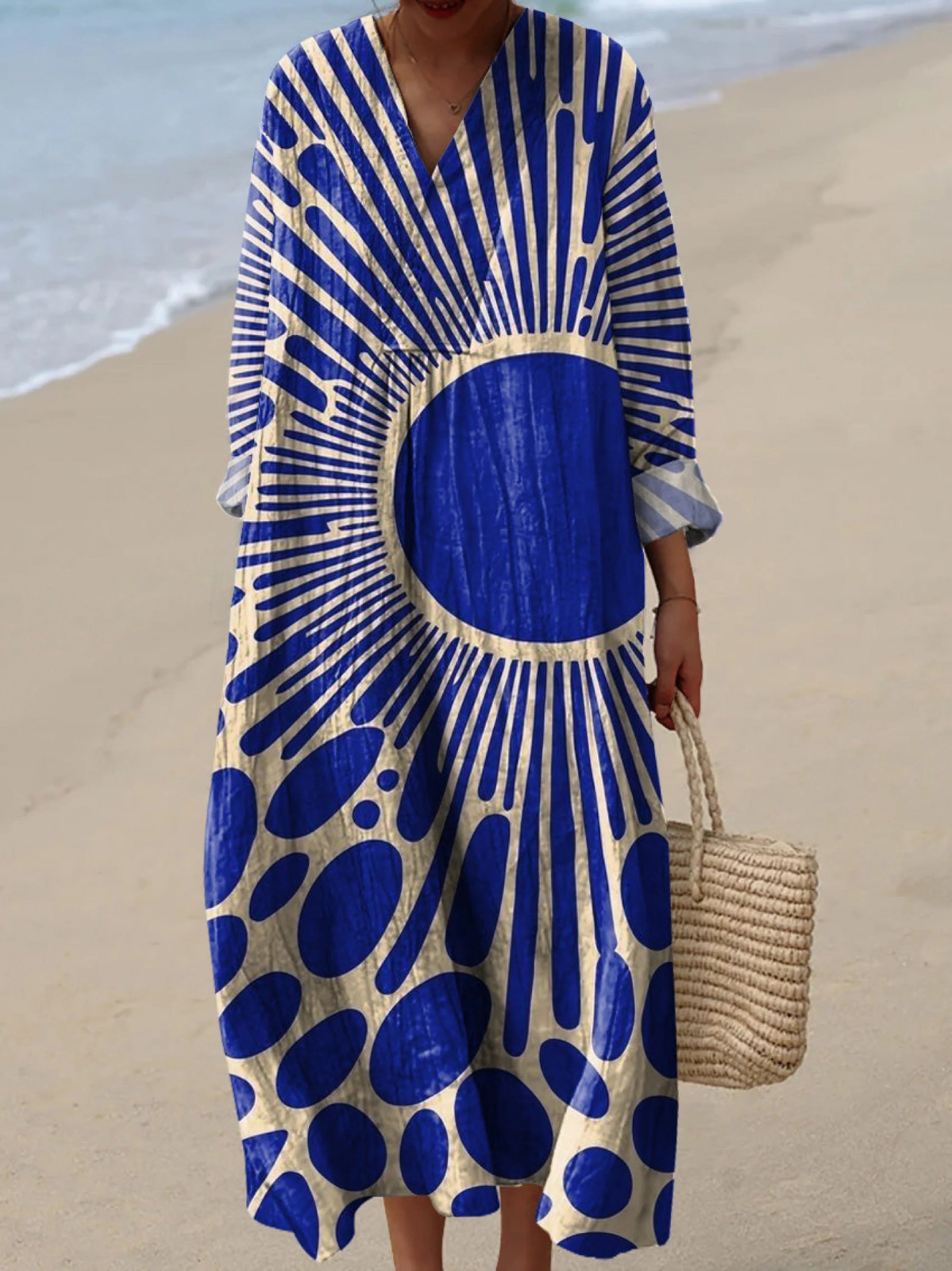 Nora | Vestido Maxi Boho con Estampado de Sol Azul Cobalto