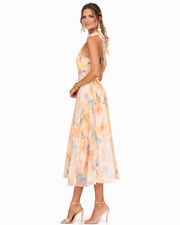 Celine | Robe fluide à encolure dos nu et motif aquarelle