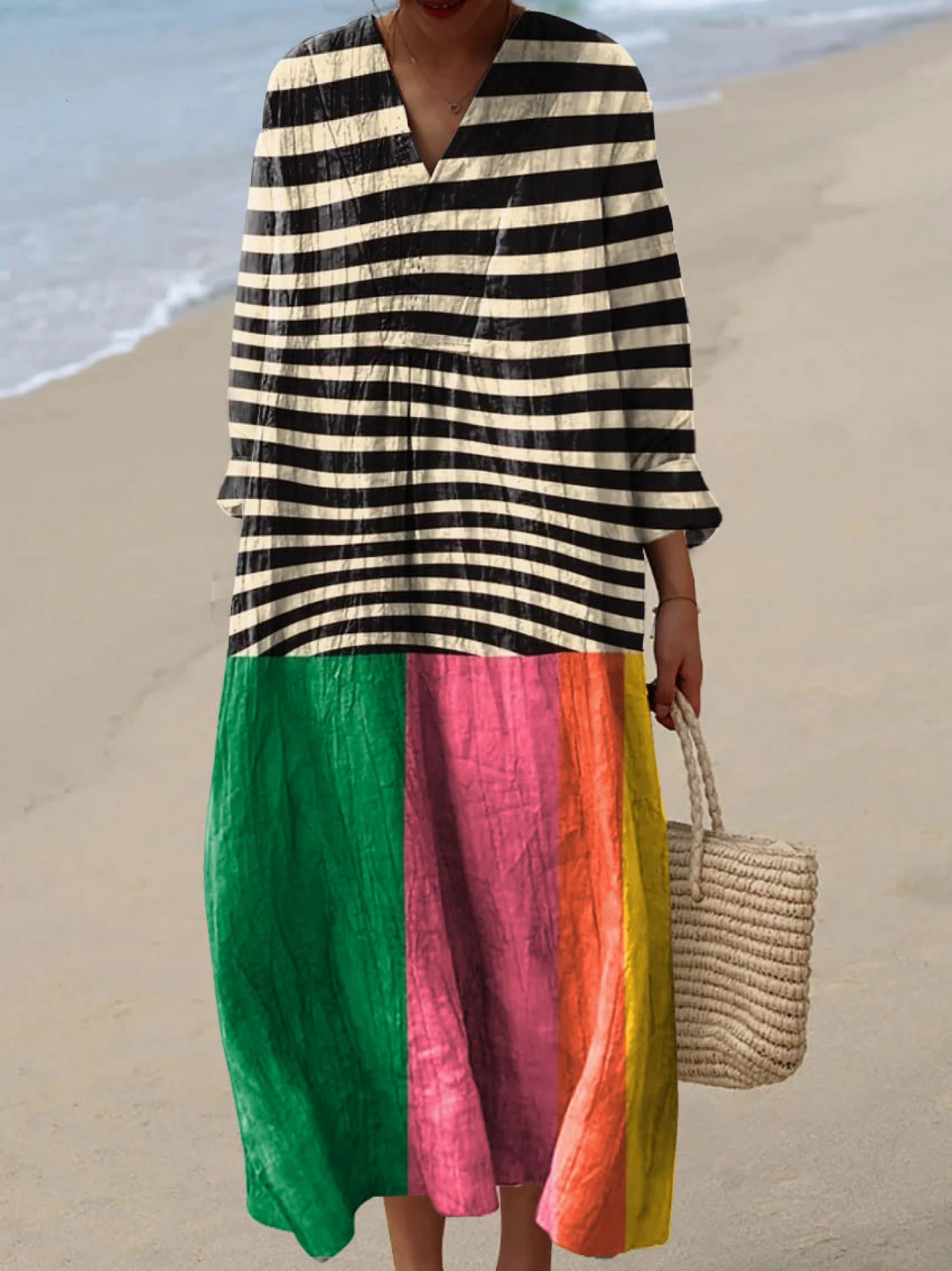 Maya | Vestido Maxi Boho con Cuerpo de Rayas