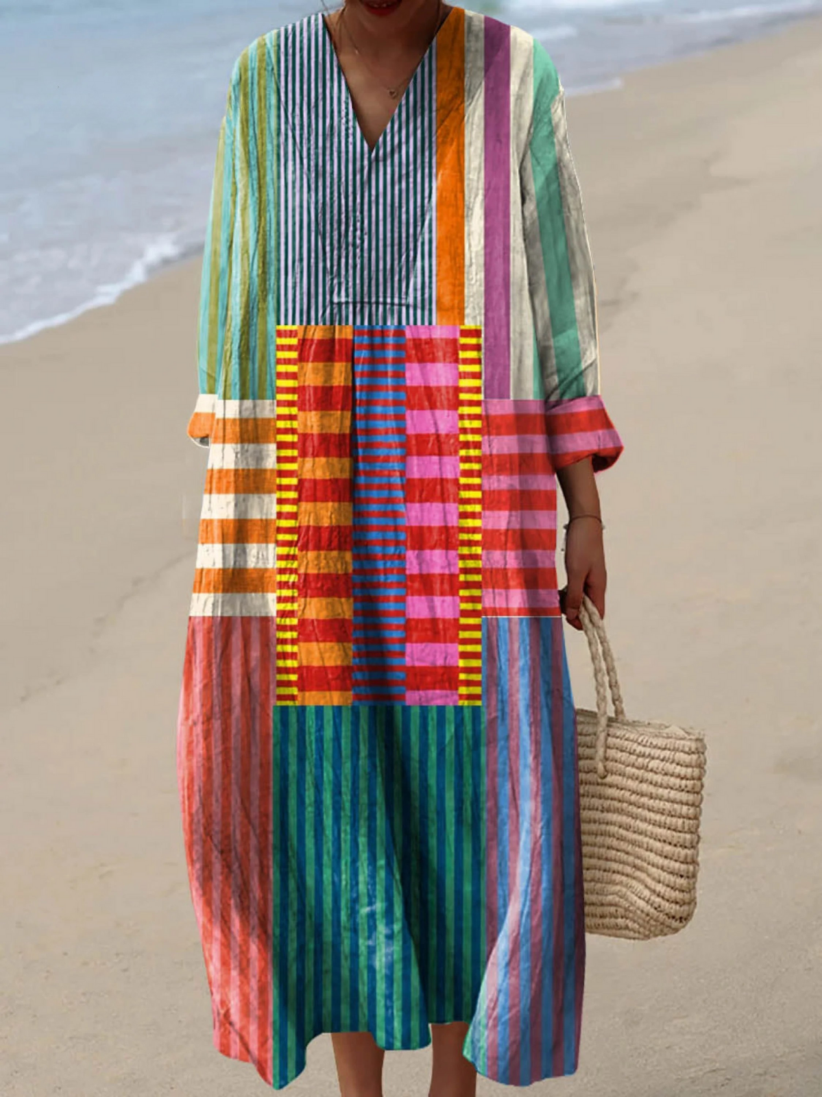 Harper | Vestido Maxi Boho de Patchwork a Rayas