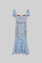 Paulina | Vestido de Encaje Azul Elegante con Manga Corta y Cinturón a Juego