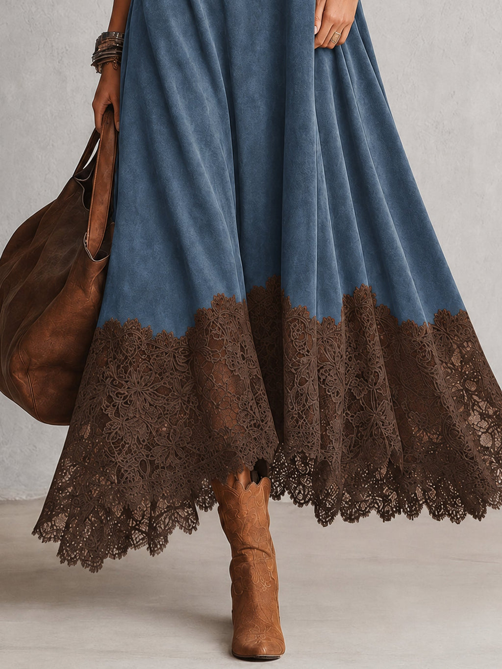 BRUNELLA | Vestido Largo Efecto Gamuza con Dobladillo de Encaje