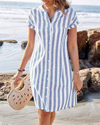 Vestido Camisero A Rayas De Algodón Lino Elegante