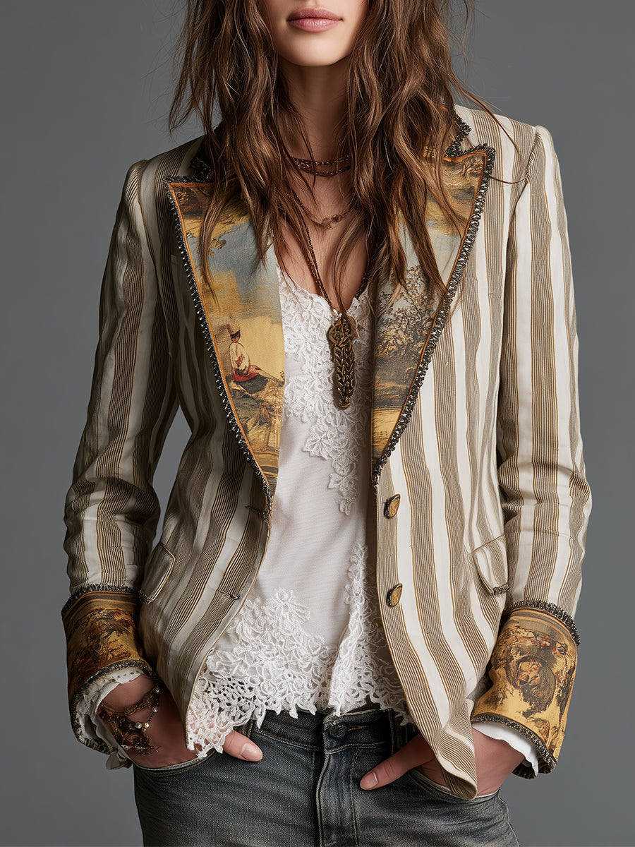 Susanna | Bohemian Striped Blazer with Printed Collar