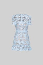 Yasmina | Vestido Floral Bordado Azul de Manga Corta