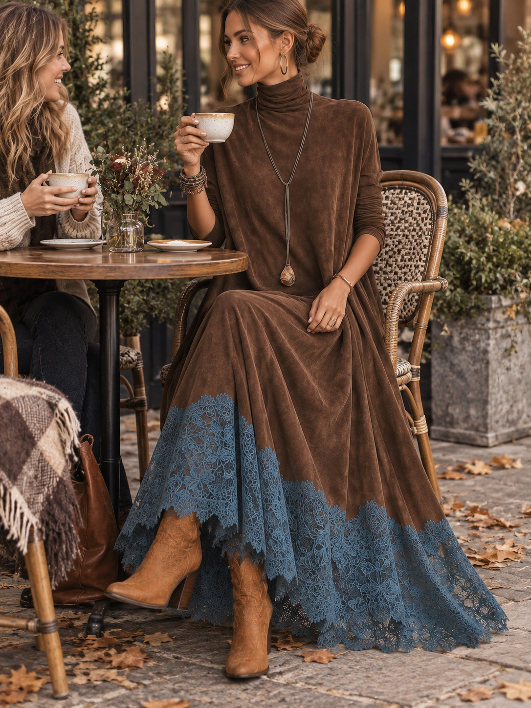 BRUNELLA | Vestido Largo Efecto Gamuza con Dobladillo de Encaje
