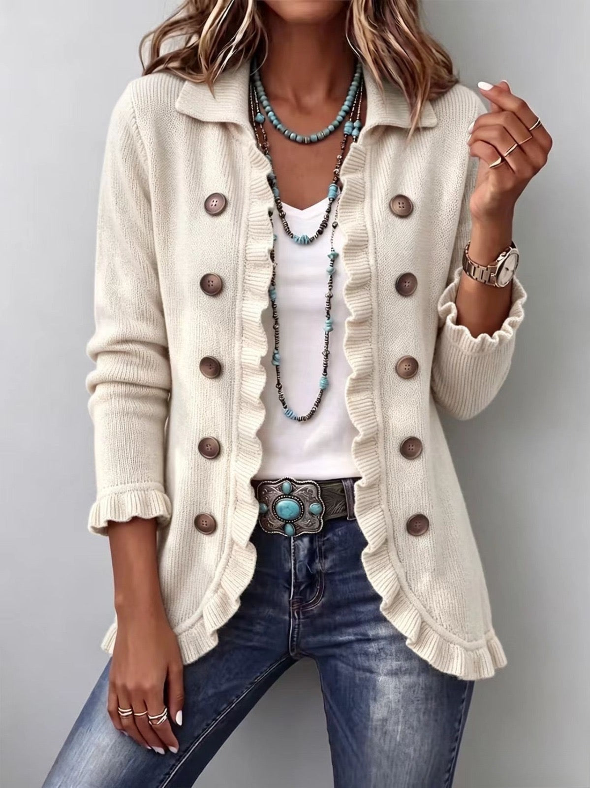 Adelina | Ivory Knitted Ruffle Jacket