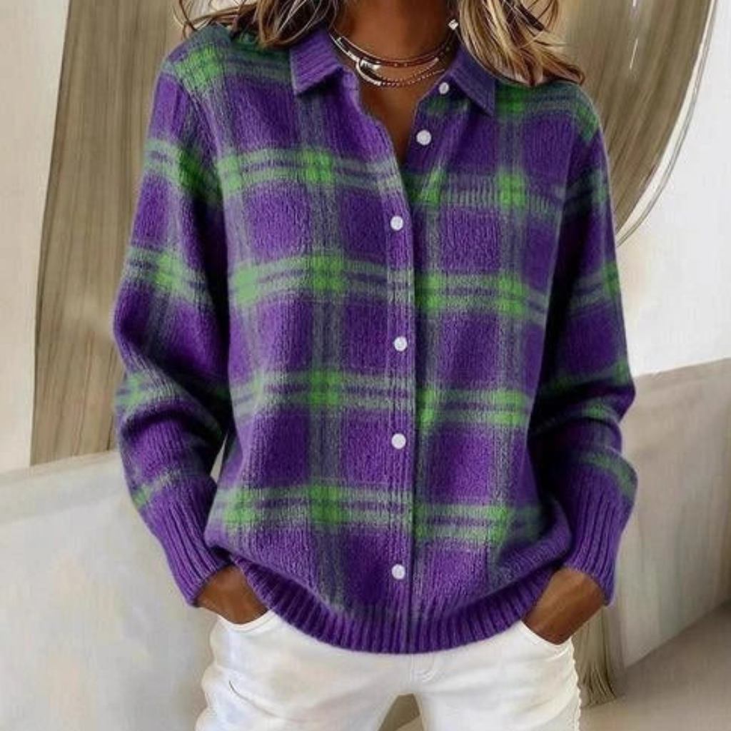 Cárdigan Valeria tejido a cuadros en morado y verde
