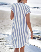 Vestido Camisero A Rayas De Algodón Lino Elegante
