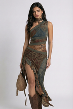 Ariadna | Vestido Largo Asimétrico Estampado con Abertura