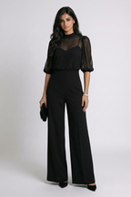 Valentina | Conjunto negro tres piezas con top transparente y pantalón ancho