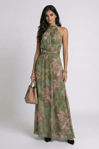 Bianca | Vestido Largo Floral Halter Verde