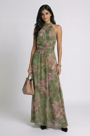 Bianca | Robe Longue Fleurie Col Halter Vert