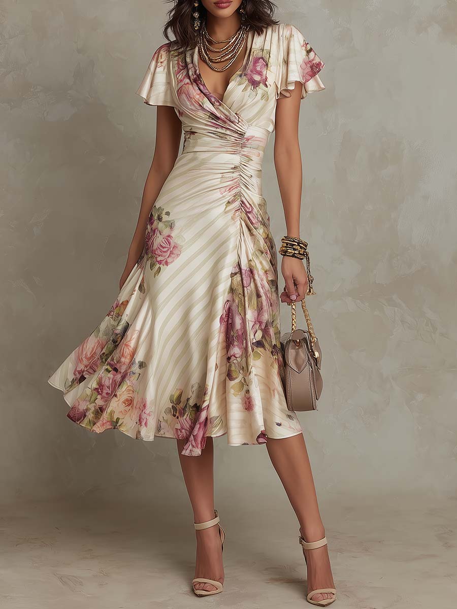 Irene | Robe Midi en Satin Floral Élégante Rétro