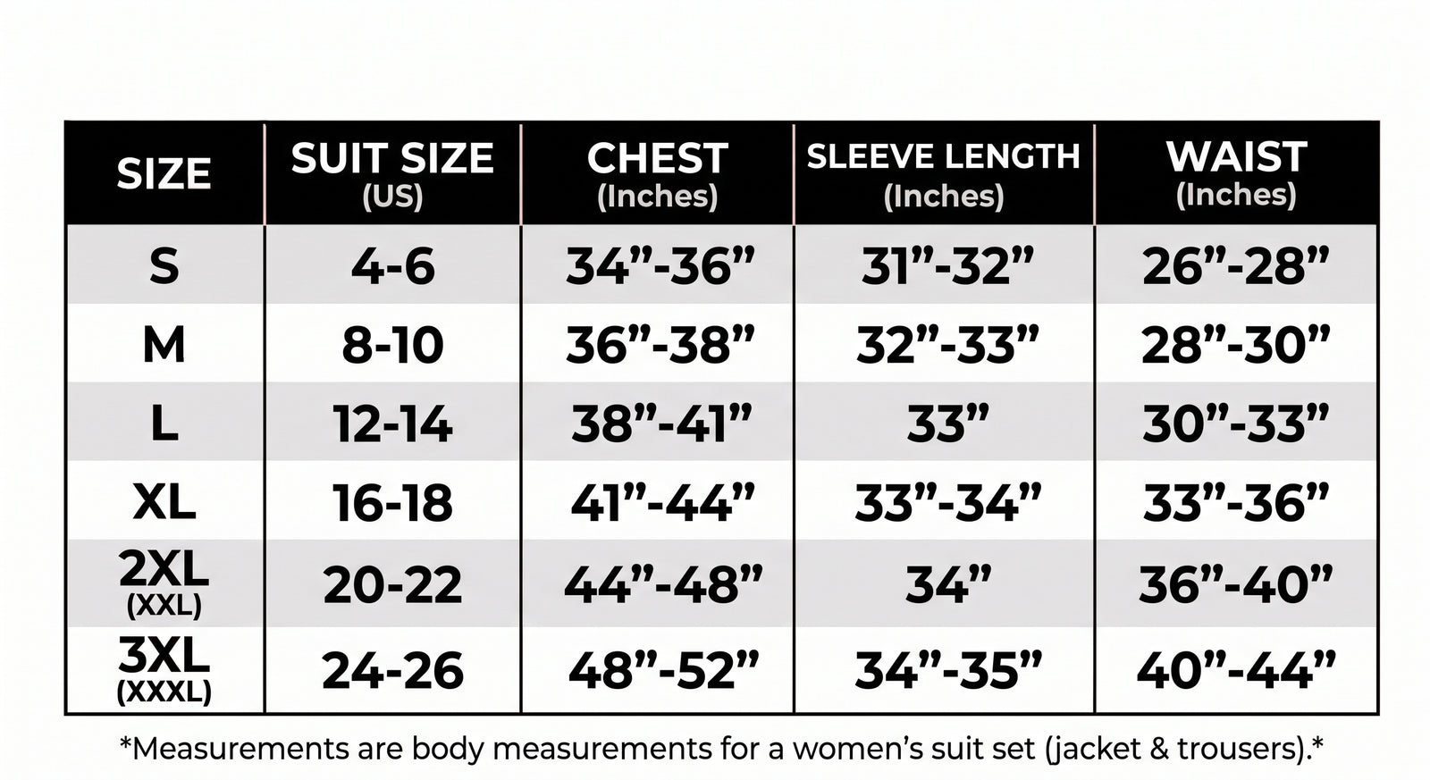 Costume Arianna size chart