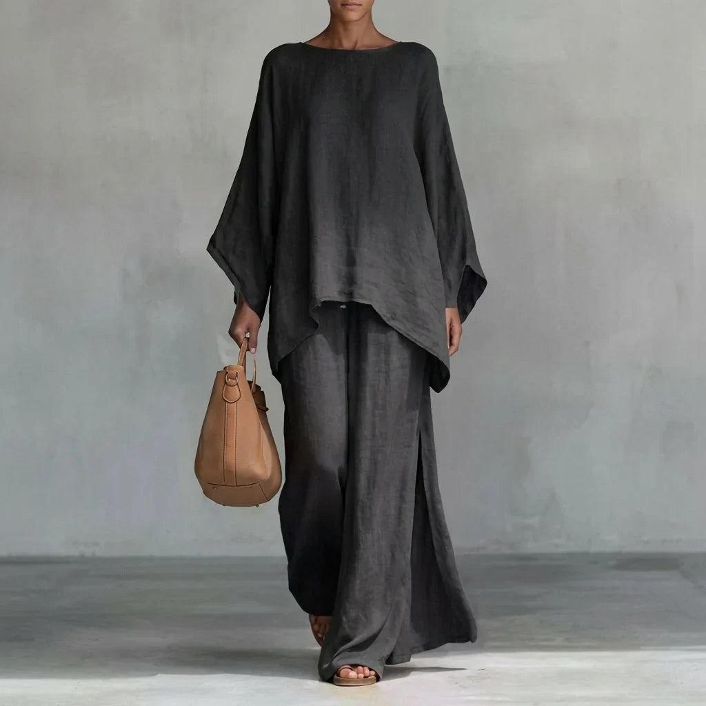 Verónica Ensemble Deux Pièces avec Chemisier Manches Longues et Pantalon à Jambe Large