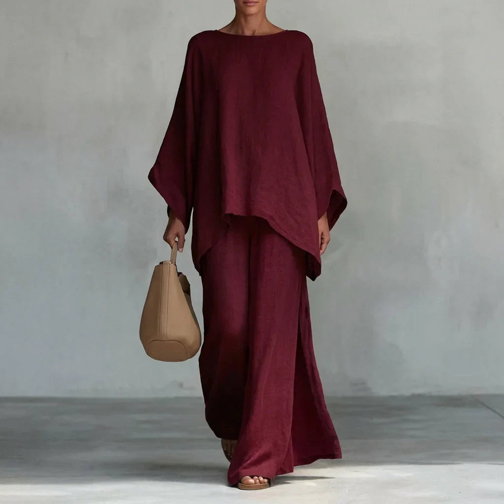 Verónica Ensemble Deux Pièces avec Chemisier Manches Longues et Pantalon à Jambe Large