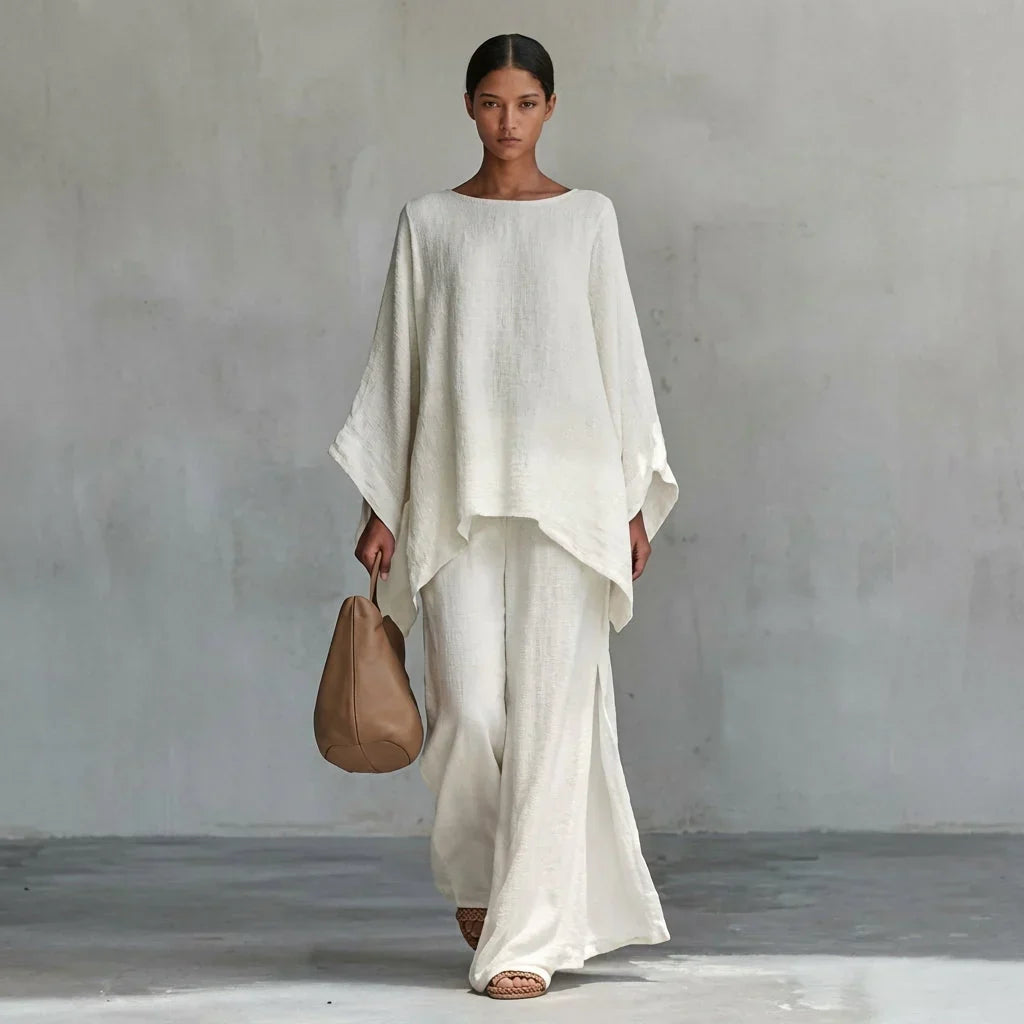 Verónica Ensemble Deux Pièces avec Chemisier Manches Longues et Pantalon à Jambe Large