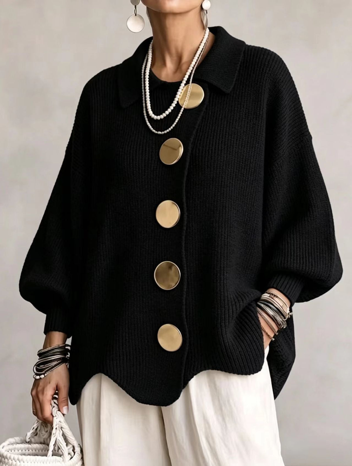 Isadora | Oversized Collared Cardigan with Large Metal Buttons