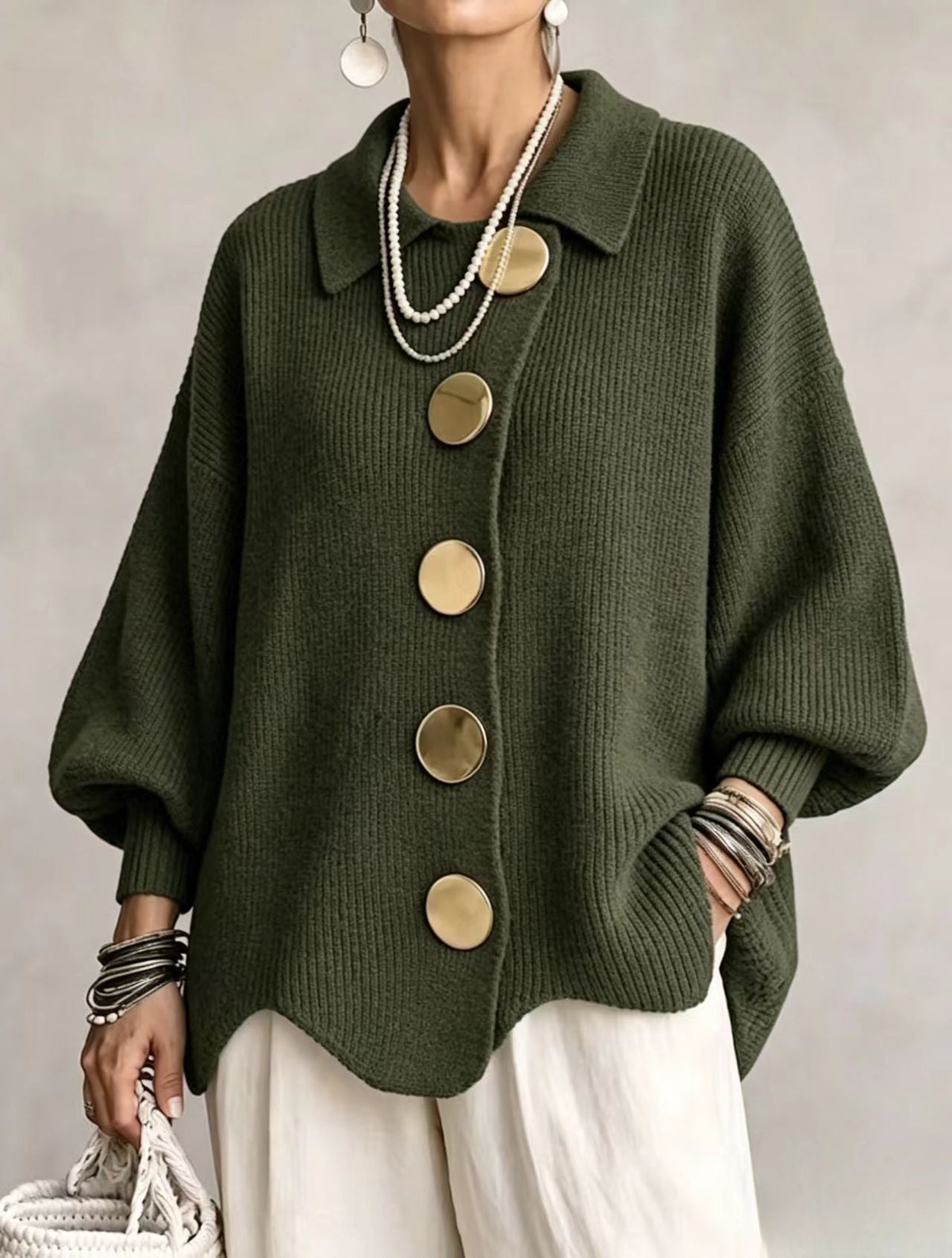 Isadora | Oversized Collared Cardigan with Large Metal Buttons
