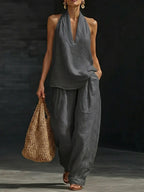 Andrea Ensemble Sans Manches avec Pantalon à Jambe Large