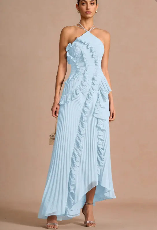 Vestido de Invitada de Boda Largo Elegante con Volantes y Cuello Halter