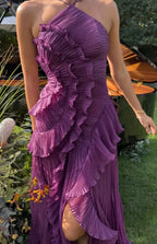 Vestido de Invitada de Boda Largo Elegante con Volantes y Cuello Halter
