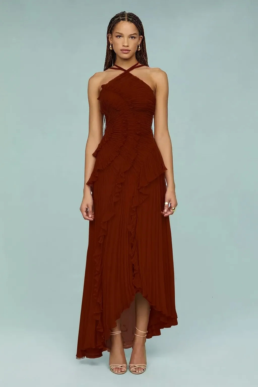 Vestido de Invitada de Boda Largo Elegante con Volantes y Cuello Halter