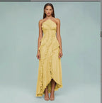 Vestido de Invitada de Boda Largo Elegante con Volantes y Cuello Halter