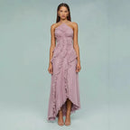 Vestido de Invitada de Boda Largo Elegante con Volantes y Cuello Halter