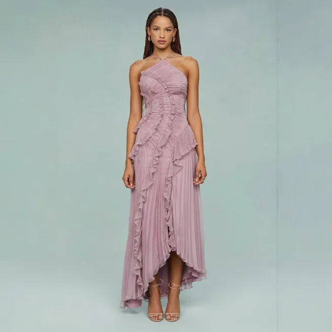 Vestido de Invitada de Boda Largo Elegante con Volantes y Cuello Halter