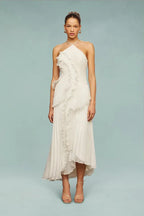 Vestido de Invitada de Boda Largo Elegante con Volantes y Cuello Halter