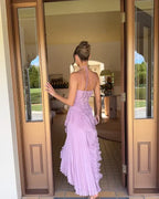 Vestido de Invitada de Boda Largo Elegante con Volantes y Cuello Halter