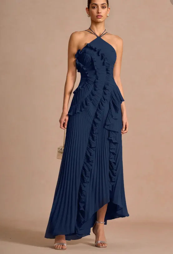Vestido de Invitada de Boda Largo Elegante con Volantes y Cuello Halter