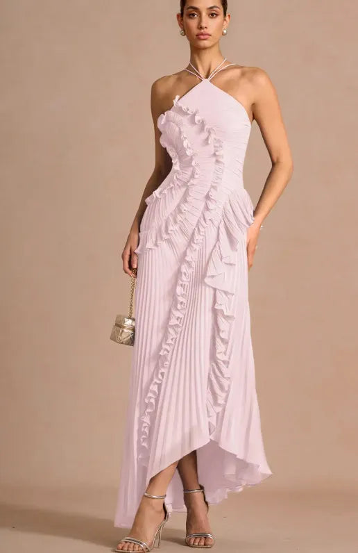 Vestido de Invitada de Boda Largo Elegante con Volantes y Cuello Halter