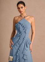 Vestido de Invitada de Boda Largo Elegante con Volantes y Cuello Halter